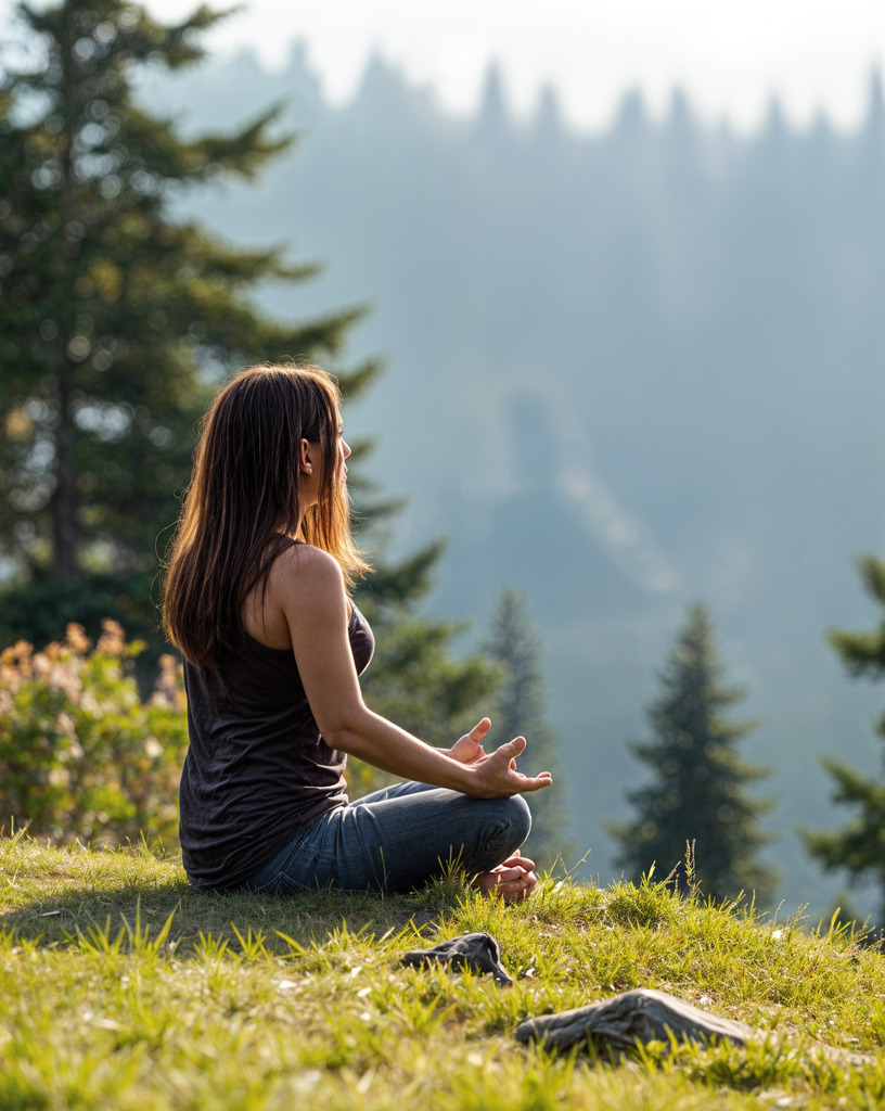 Person practicing mindfulness meditation outdoors, seated in lotus position on a grassy hill by a calm lake at sunrise, surrounded by lush greenery, distant mountains, and blooming flowers, with a peaceful and serene atmosphere